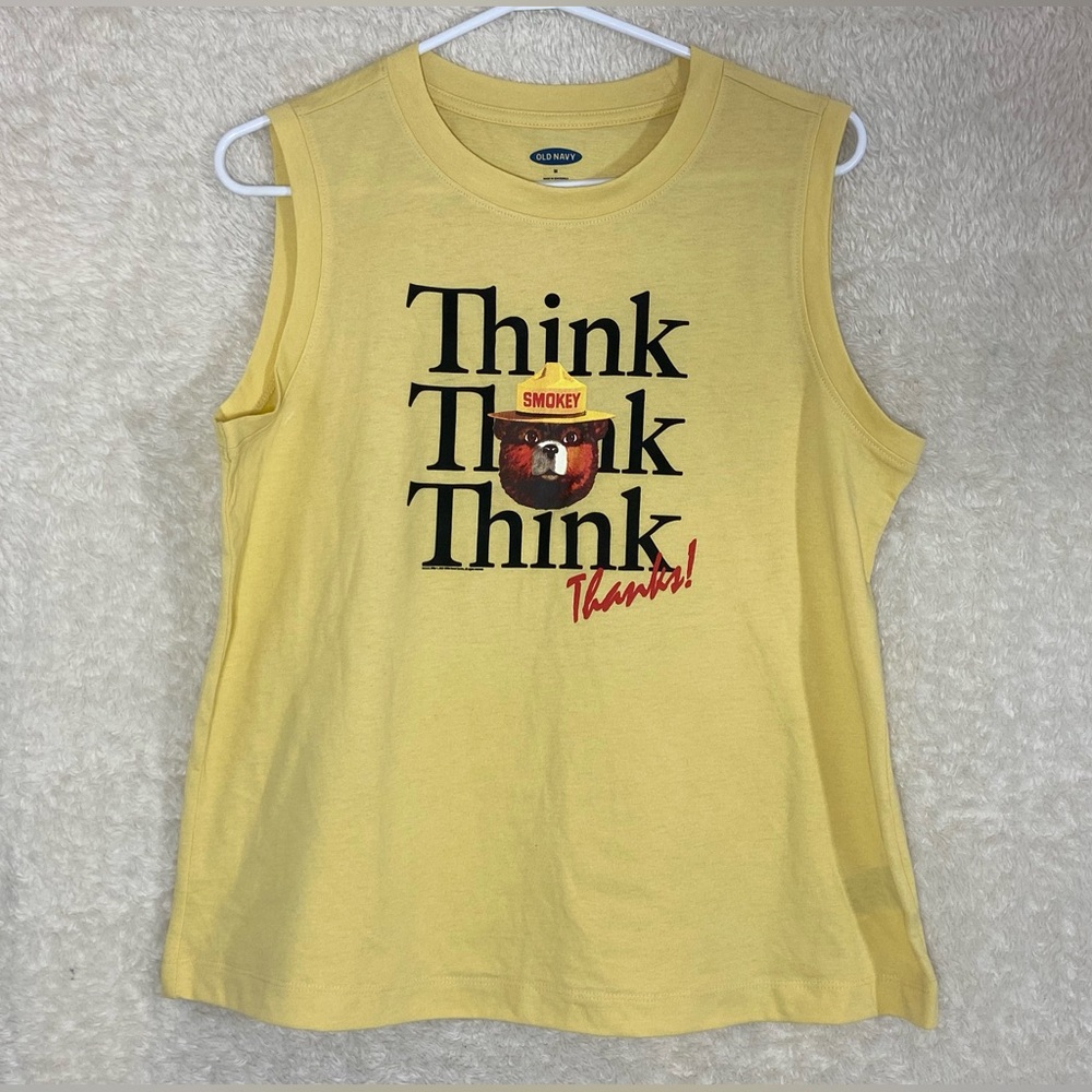 2/$15 Old Navy Smoky the Bear ‘Think Think Think’ Yellow Tank Size M  50/50
